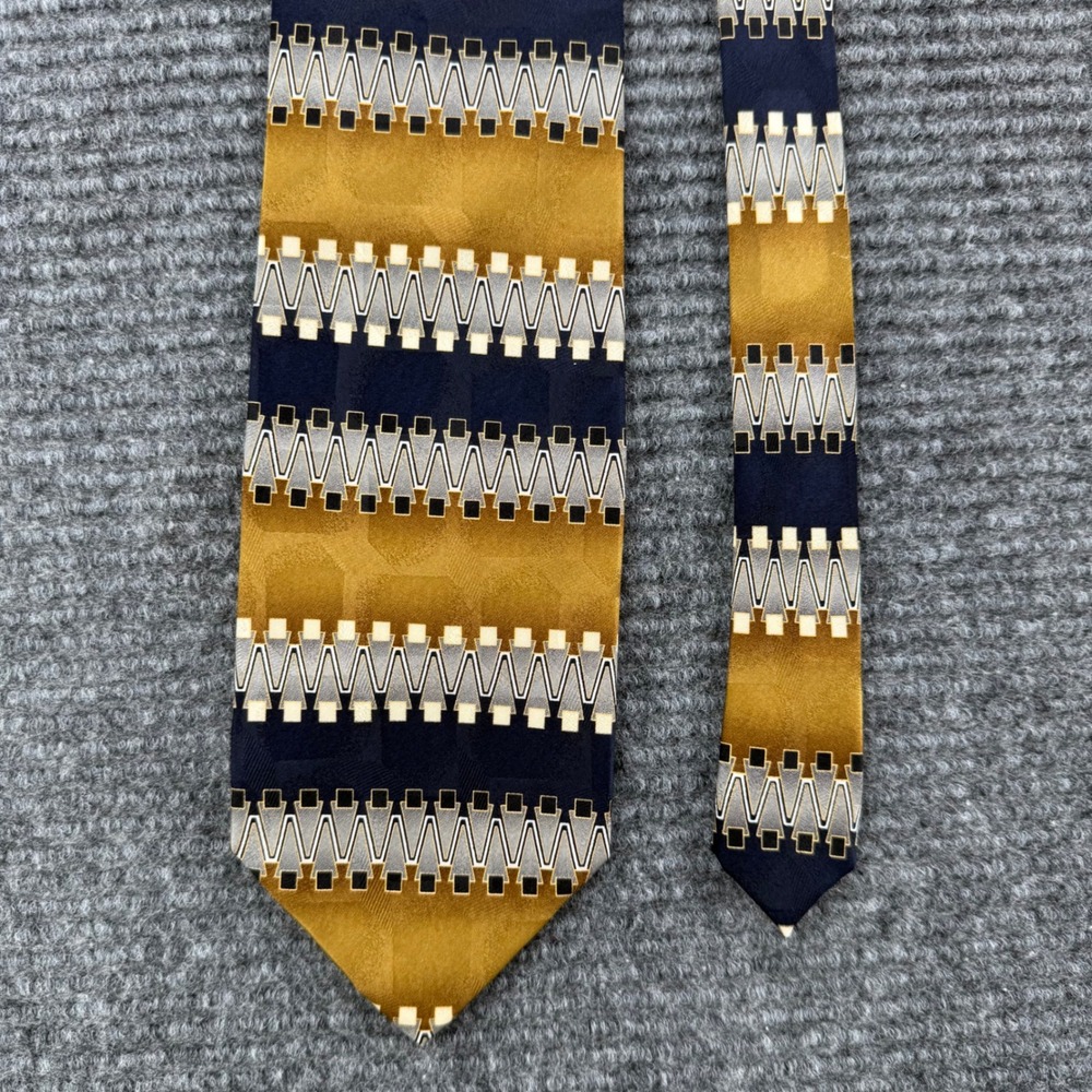 Di Moggio Mens Silk Tie Gold Navy Blue Geometric Abstract Handmade Necktie